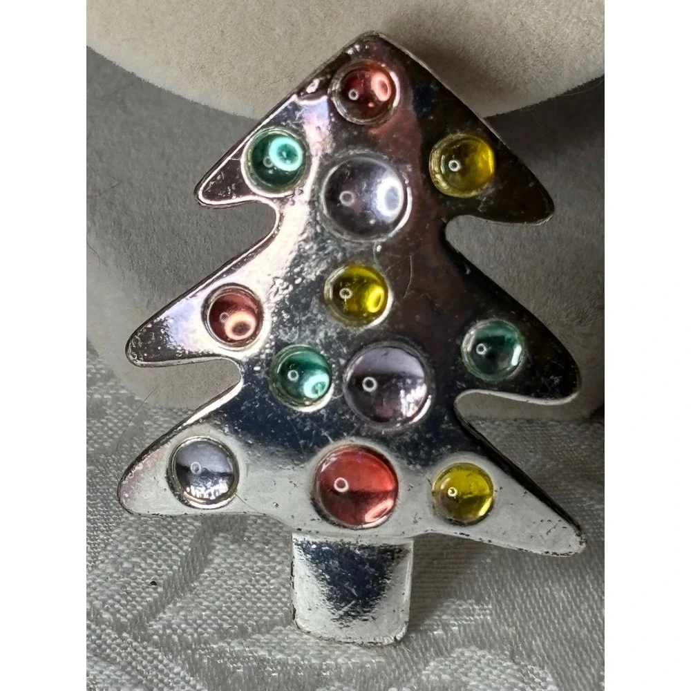 Silver Tone Christmas Tree Brooch Multi Color Cabochon Holiday Pin